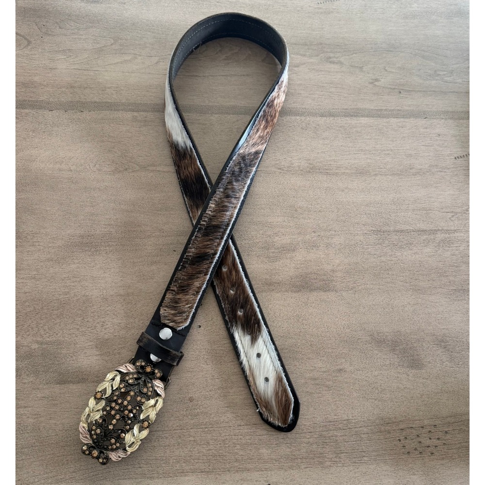 J.Crew Calf Hair Leather Belt Brown White Western Rhinestone Buckle 36 Cowgirl